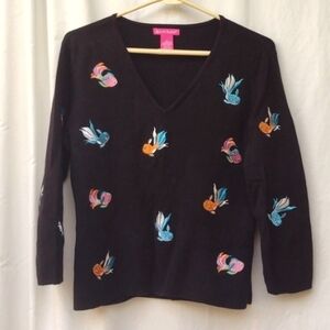 Alexandra Bartlett Black Embroidered Koi Fish Sweater Top XL